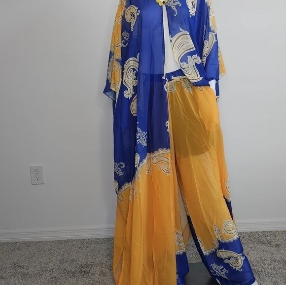 NWT - SUMMER AFRICAN CHIFFON KIMONO KAFTAN TWO PIECE PANT SET / LONG ABA… - Picture 4 of 7